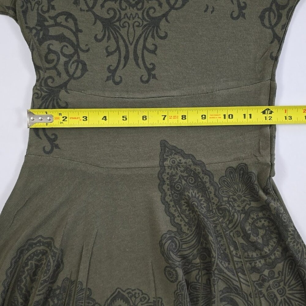 Papillon Women's Fit & Flare Dress Fatigue Green Paisley Knit Crew Neck Size S - Picture 11 of 12